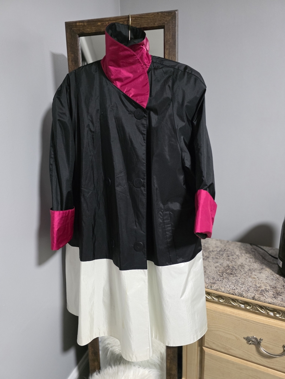 Black Trench Coat with Hot Pink Trim and Ivory Hem